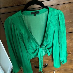 Lulus - Kelly green satin tie blouse with flutter sleeves - BUBDLE & make offer